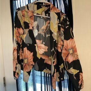 Open-Front Floral Blazer Jacket - Black with Peach & Olive Accents